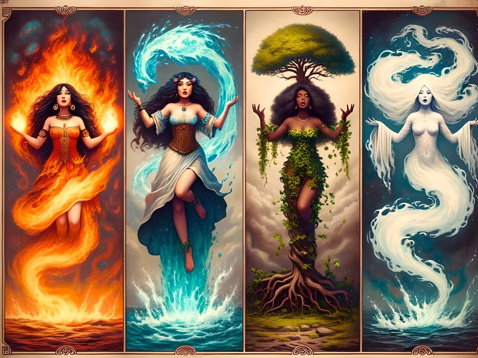 The four elemental witches demonstrating their powers: Fire, Water, Earth and Wind  by @Midnight Poison Coffee