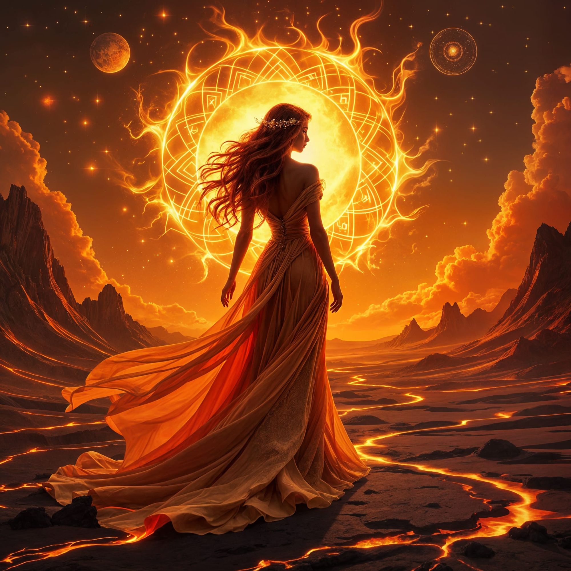 A celestial goddess with flowing ember-red hair stands in a surreal dreamscape bathed in molten gold and sunfire orange. Her gown, a cascade...