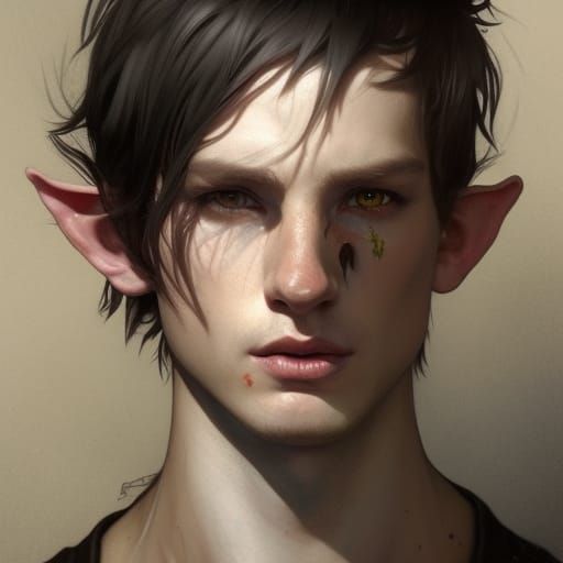Half elf boy, ragged clothing, dark short hair, staff, rats