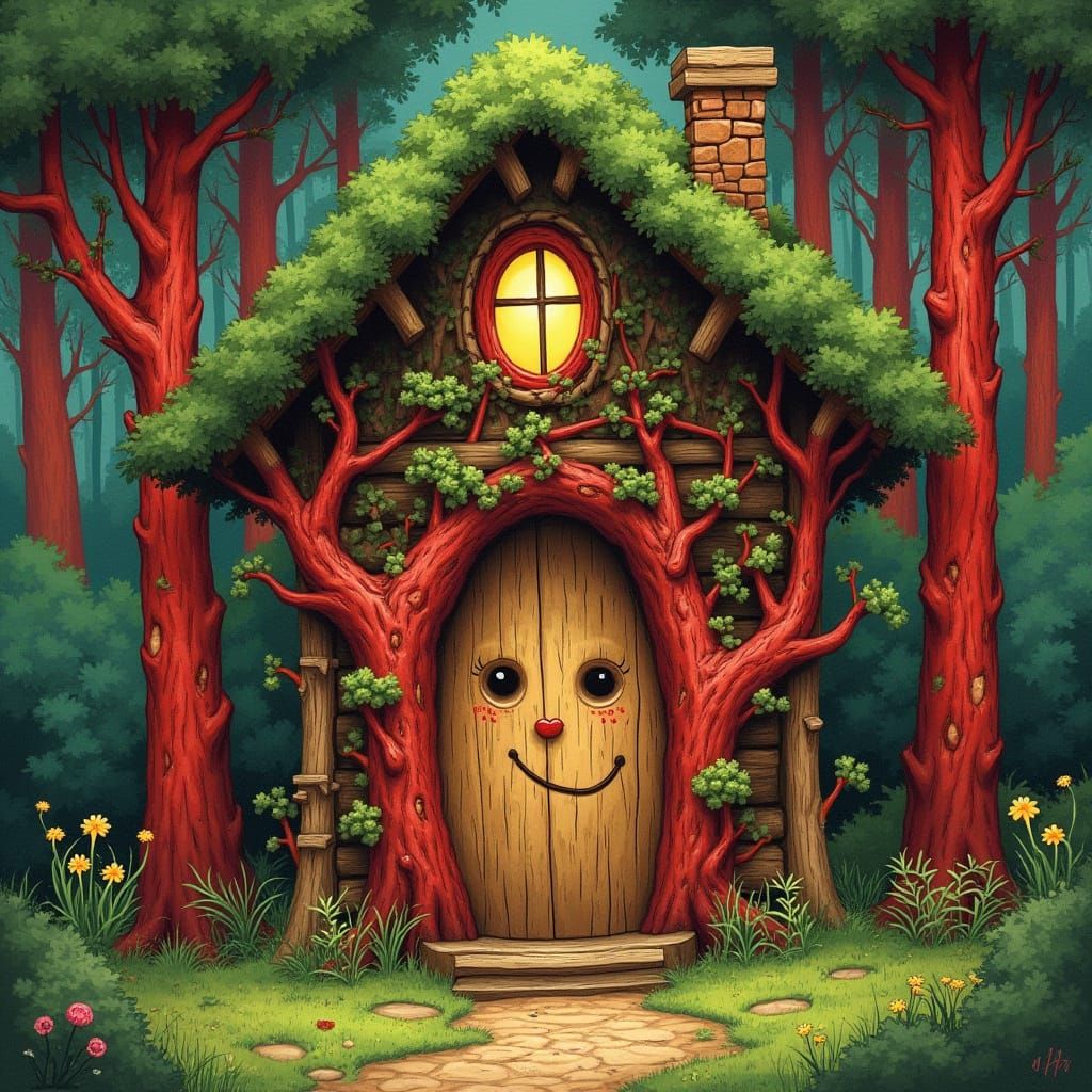 Whimsical Forest Cottage with a Twinkling Face and Vibrant R...