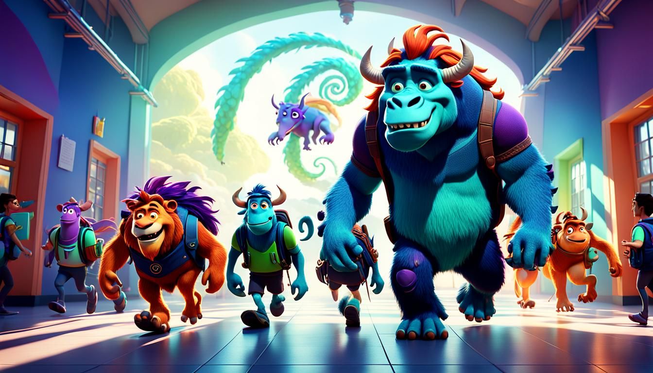 Mythical Creatures walking into  School