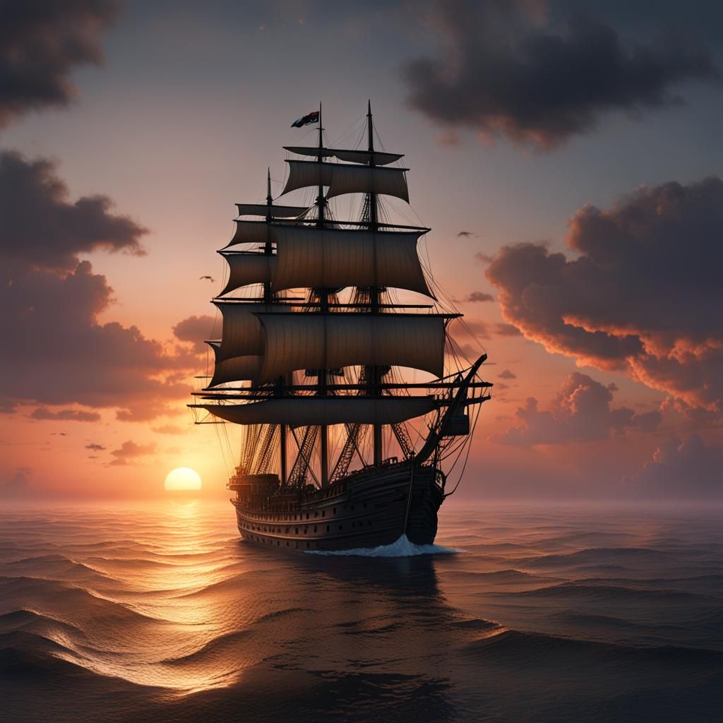 Tall ship sailing into dawn, majestic atmosphere, coast at t...