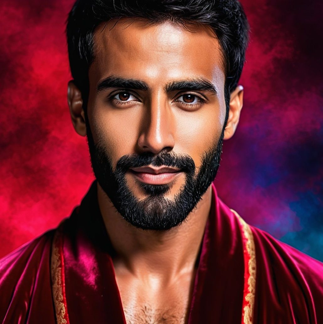 A handsome bearded man wearing a red velours bathrobe