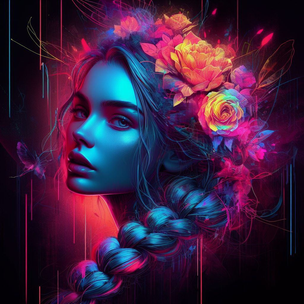 Digital Neon Flowery Woman Portrait