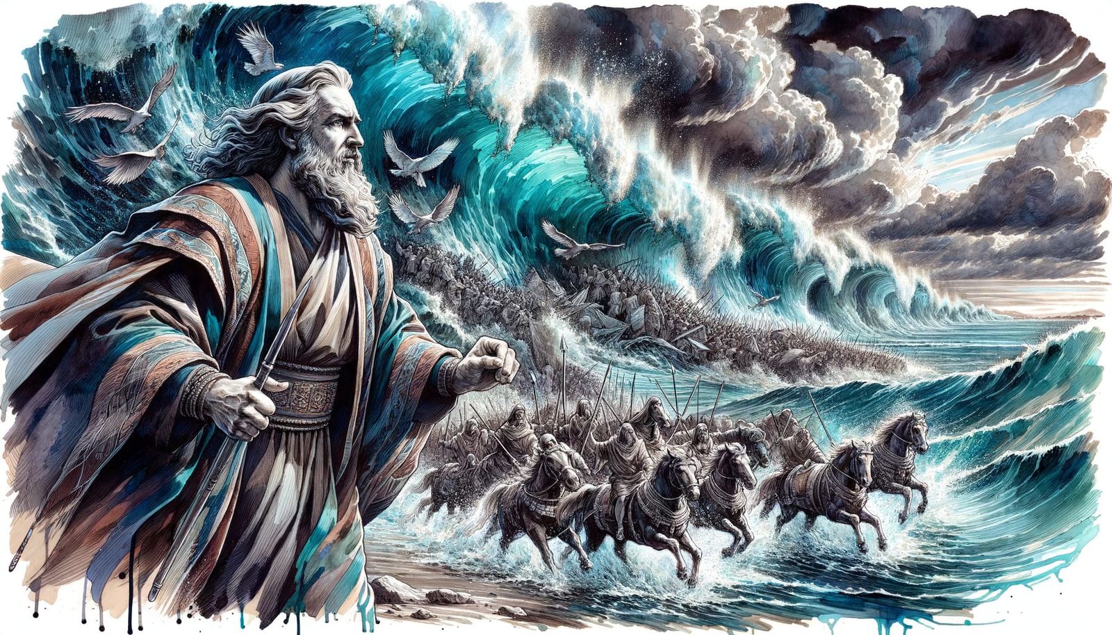 Moses watching as the parted waters of the Red Sea begin to collapse on the army of Pharaoh.