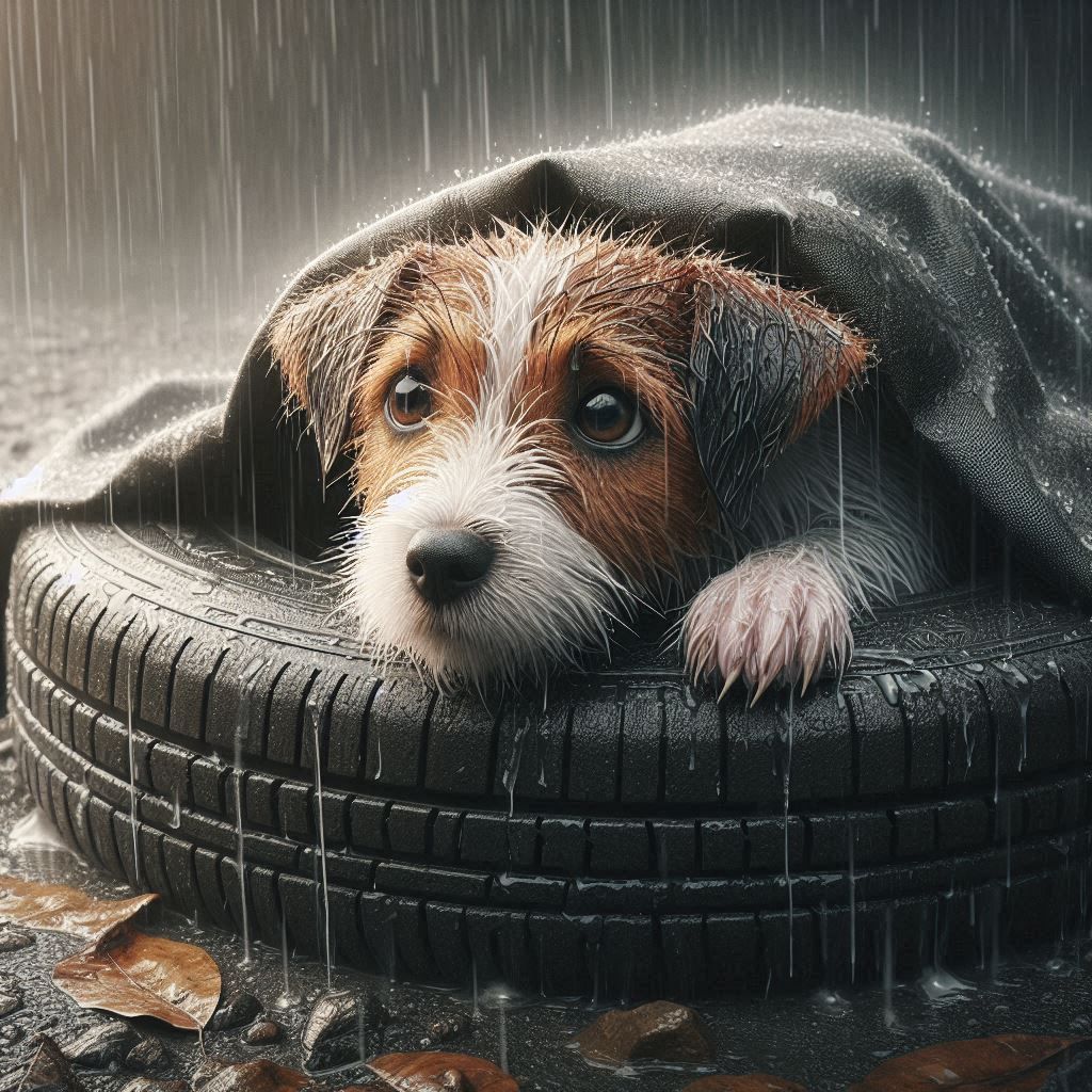 JRT puppy Seeking shelter from the rain
