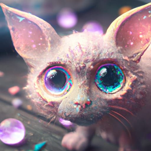 A cute little kitten, big eyes, bright pink nose made of cry...