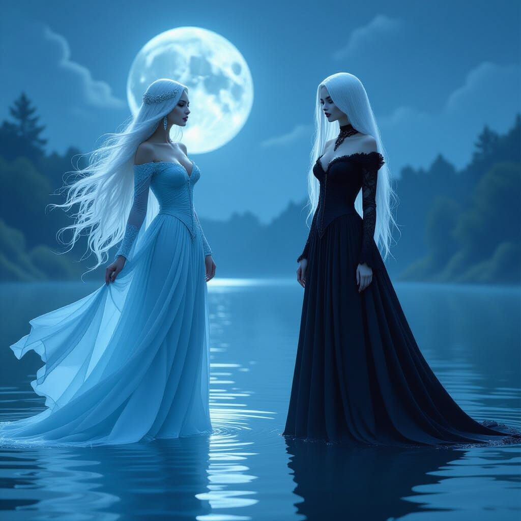 An ethereal elemental lady of water with long, flowing hair dances gracefully in a moonlit lake, her ...  by @Chrissy