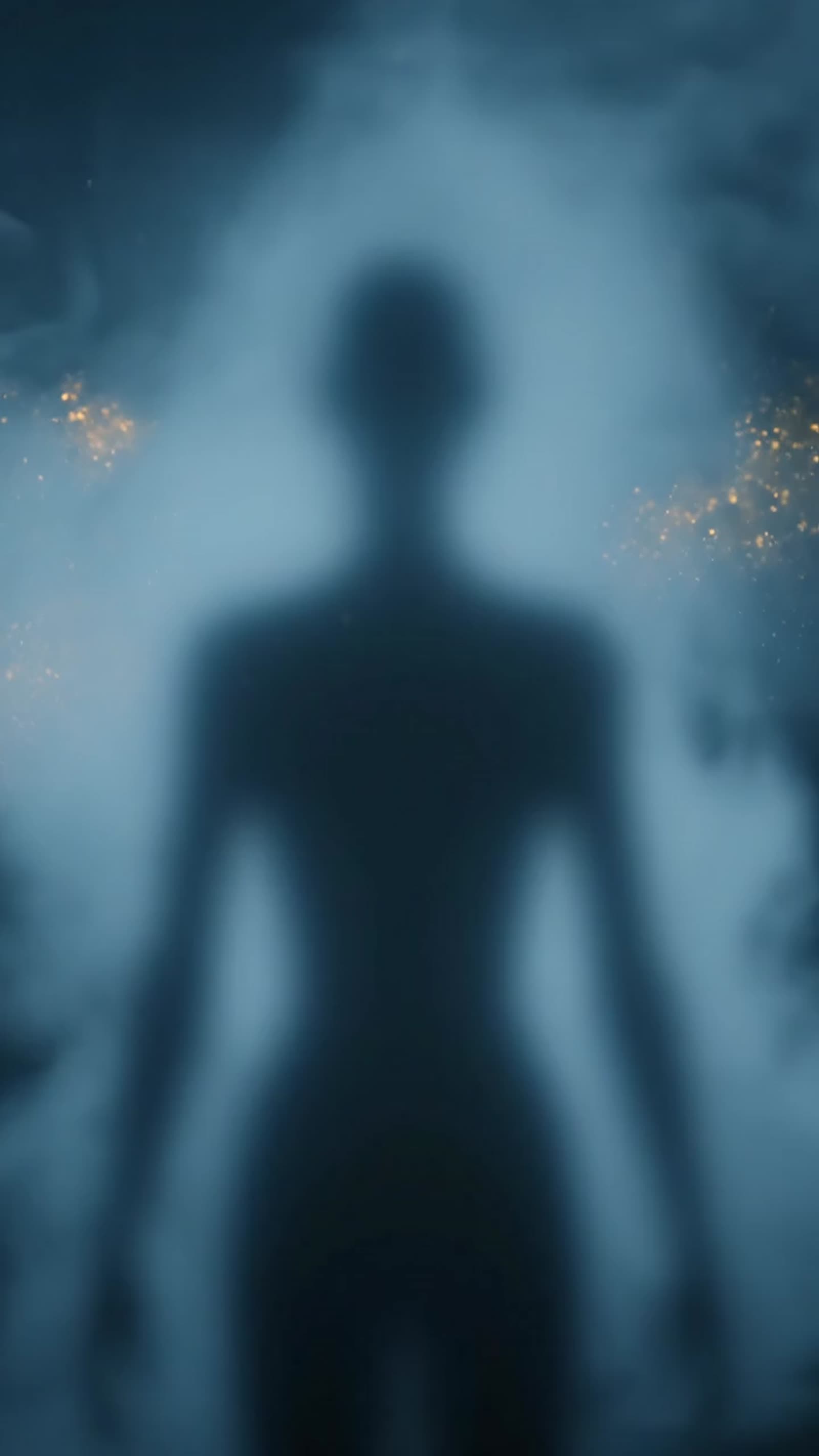 A faint silhouette transforming into glowing particles of light, gently rising through soft blue haze with touches of go...