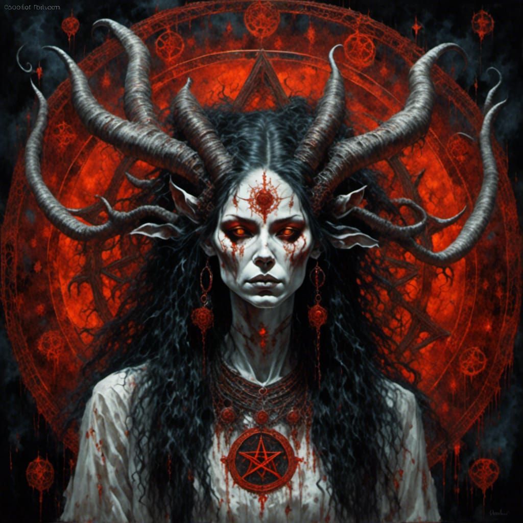 <lora:Other side of holy:1.0> oldschool oil painting style of a white demon woman witch, woman, watercolor, mandala with pentacle, luminesce...