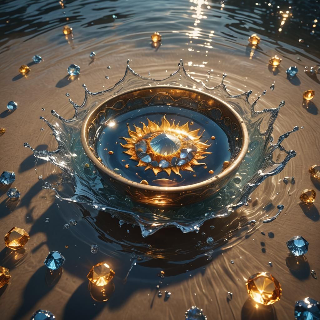 The sun is shining bright through a bowl full of water, the sun light up the water like funkling diamonds ...  by @undefined