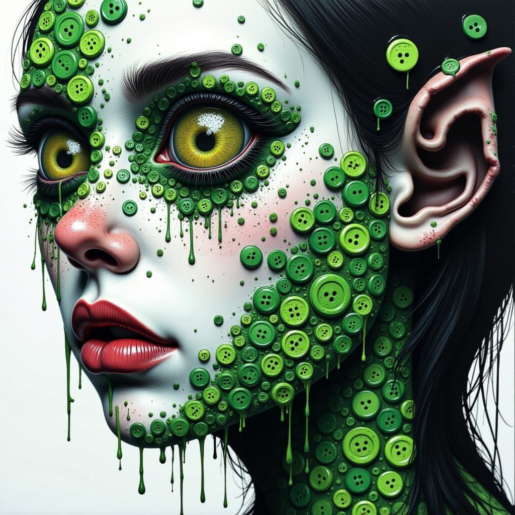 <lora:Kak-DrippingPortrait:1.0>A strange illustrated female creature, close-up, her face is half made of green tiny buttons and half skin, a...