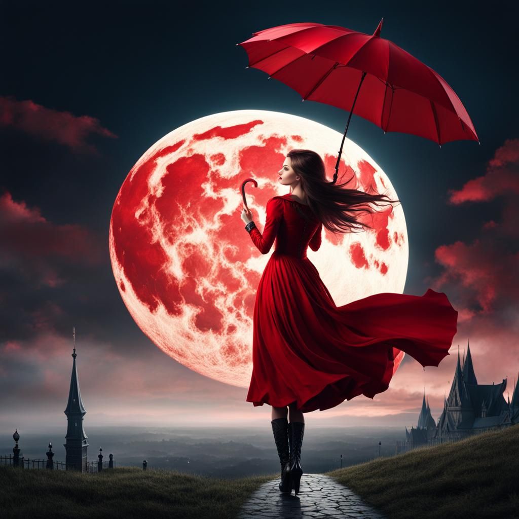 a gothic girl in a red dress flying with a umbrella in the f...