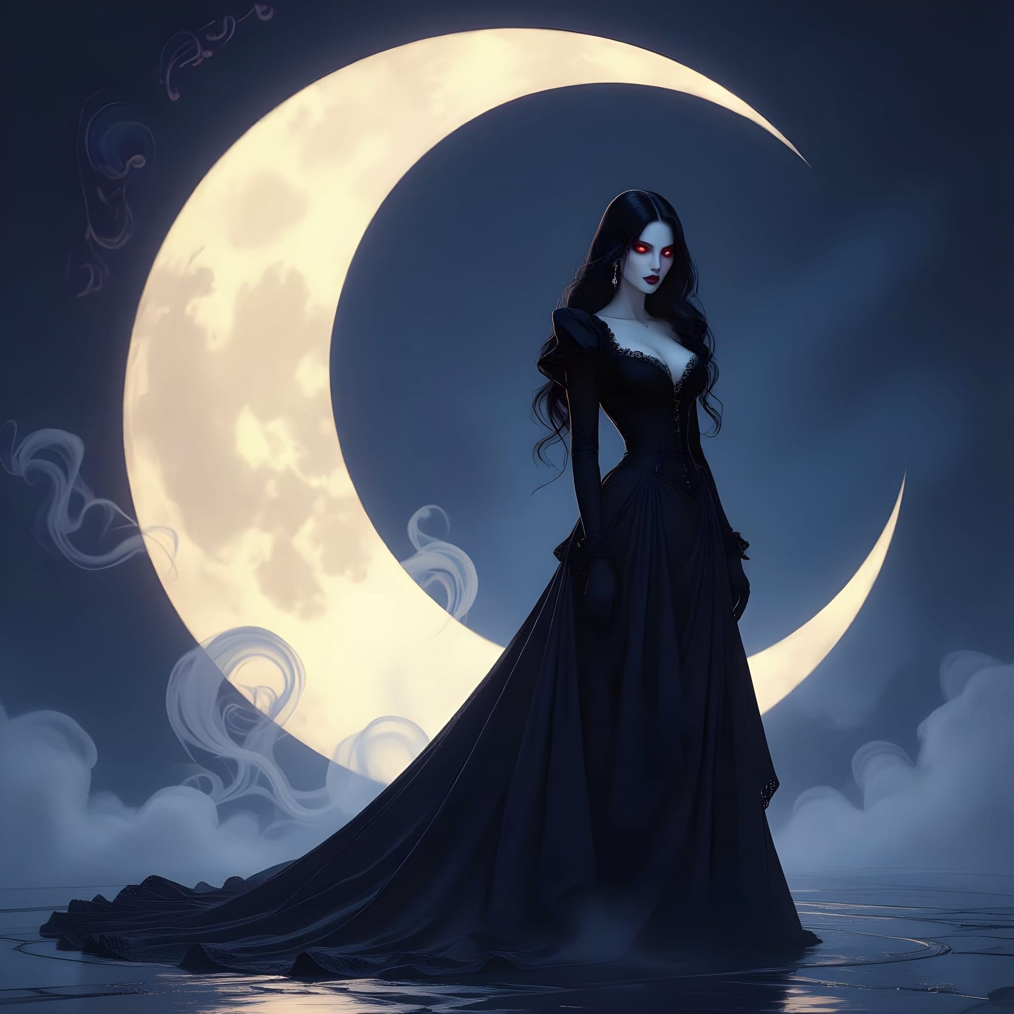 Female vampire in creasent moon at left side