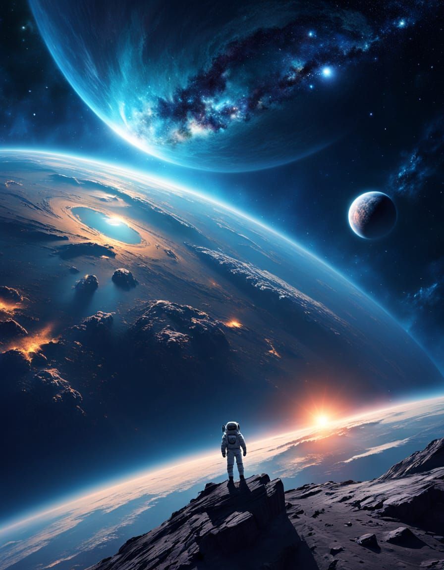 A lone astronaut hovers in the depths of space, gazing down at the curved horizon of a vibrant blue Earth, its oceans glinting like a scatte...