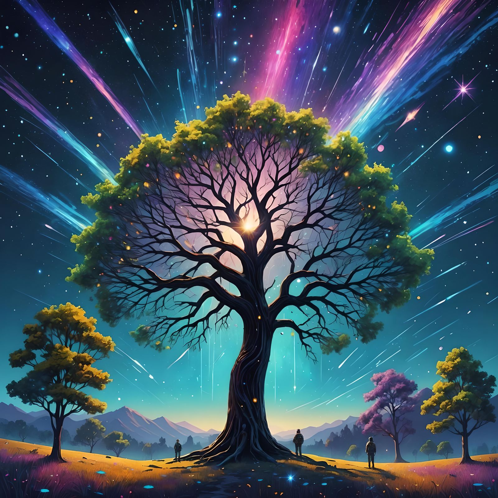 Cosmic Tree Reaching for Stars in Astral Illustration