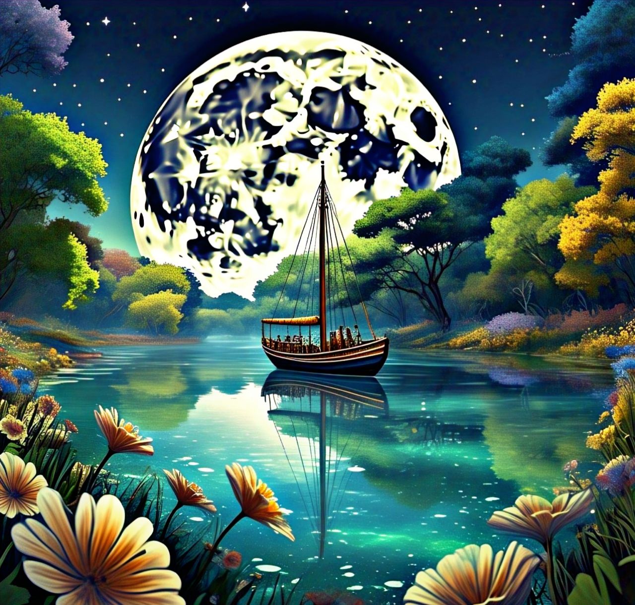 A Serene Lake Under Moonshine