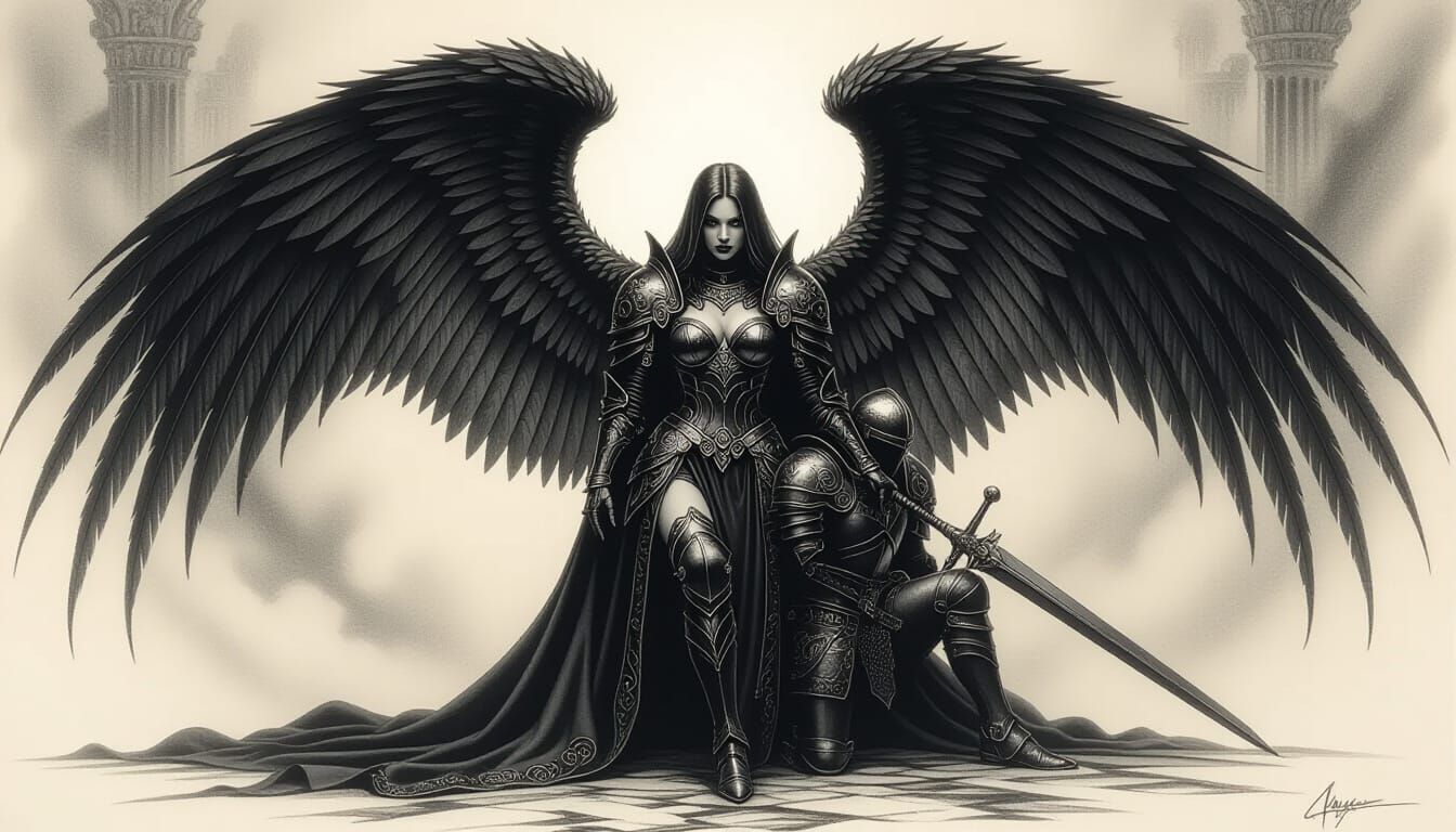 Fallen Angel Embraces Knight in Dramatic Charcoal Drawing