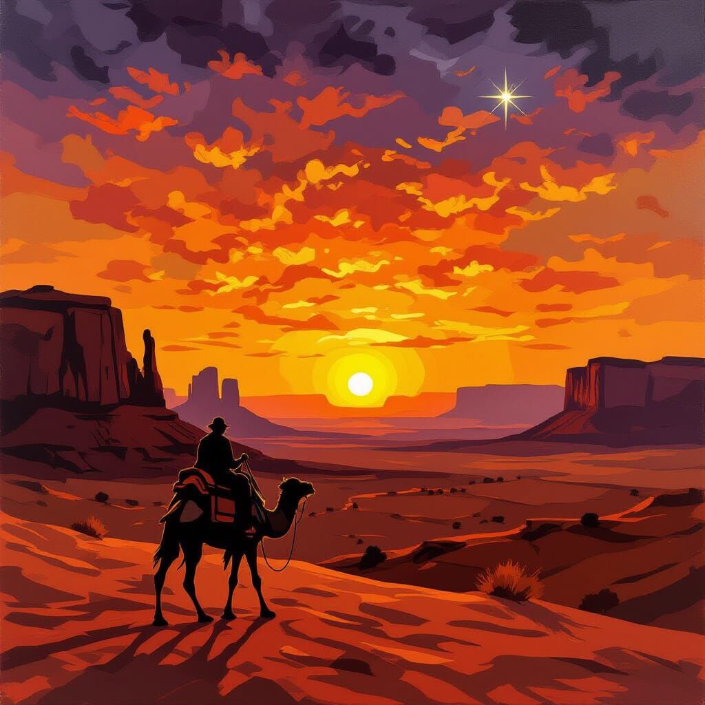 A lone traveler riding a camel is silhouetted against a vast, ochre desert landscape at dusk. The sky is a canvas of fiery oranges and deep ...