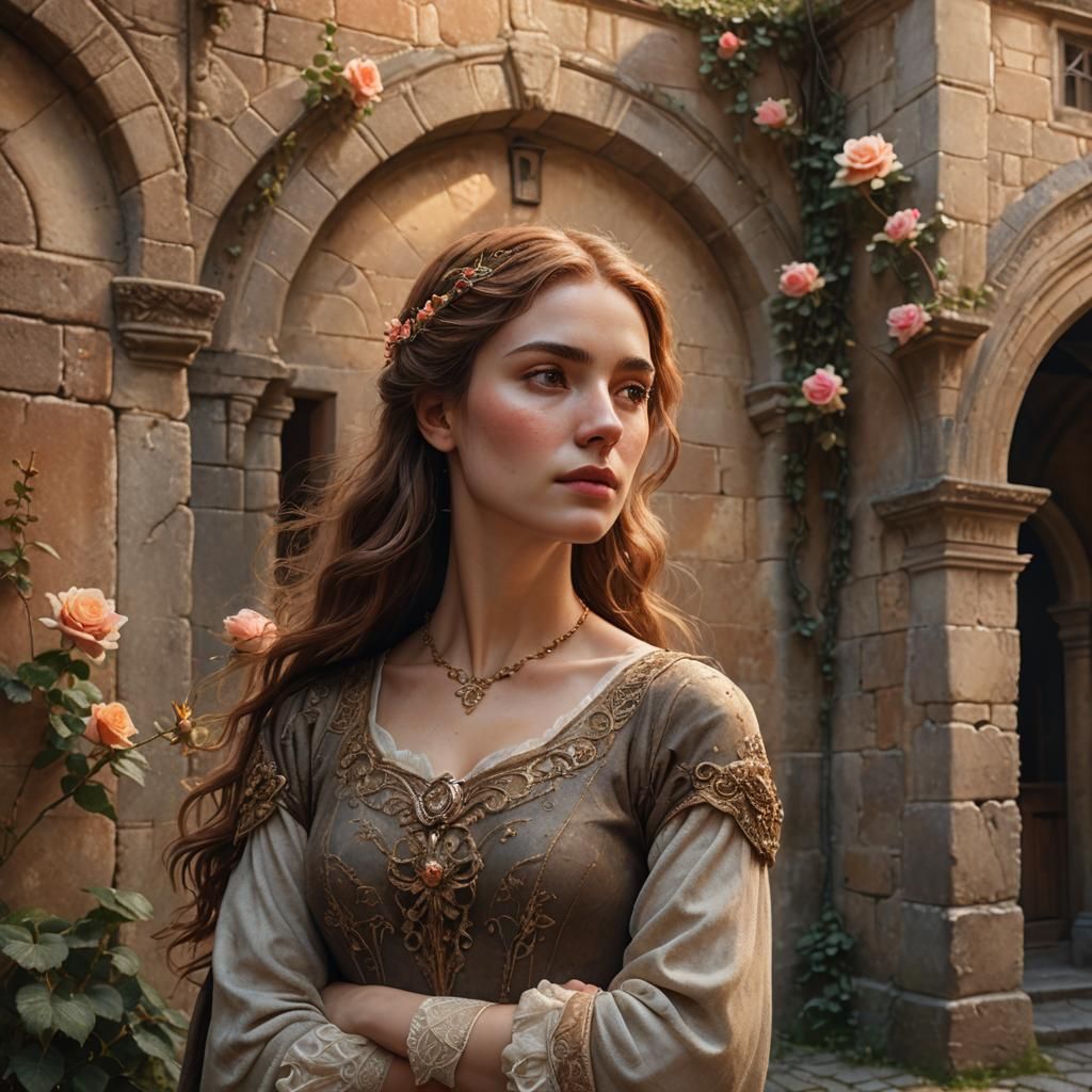Woman in Courtyard with Rose: Fantasy Concept Art