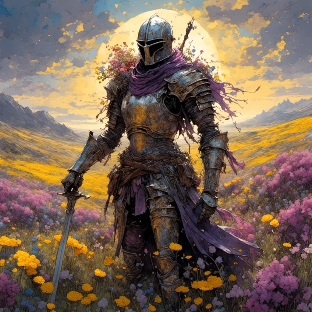 <lora:monstyle3:1.0> Dark souls knight in a field of flowers