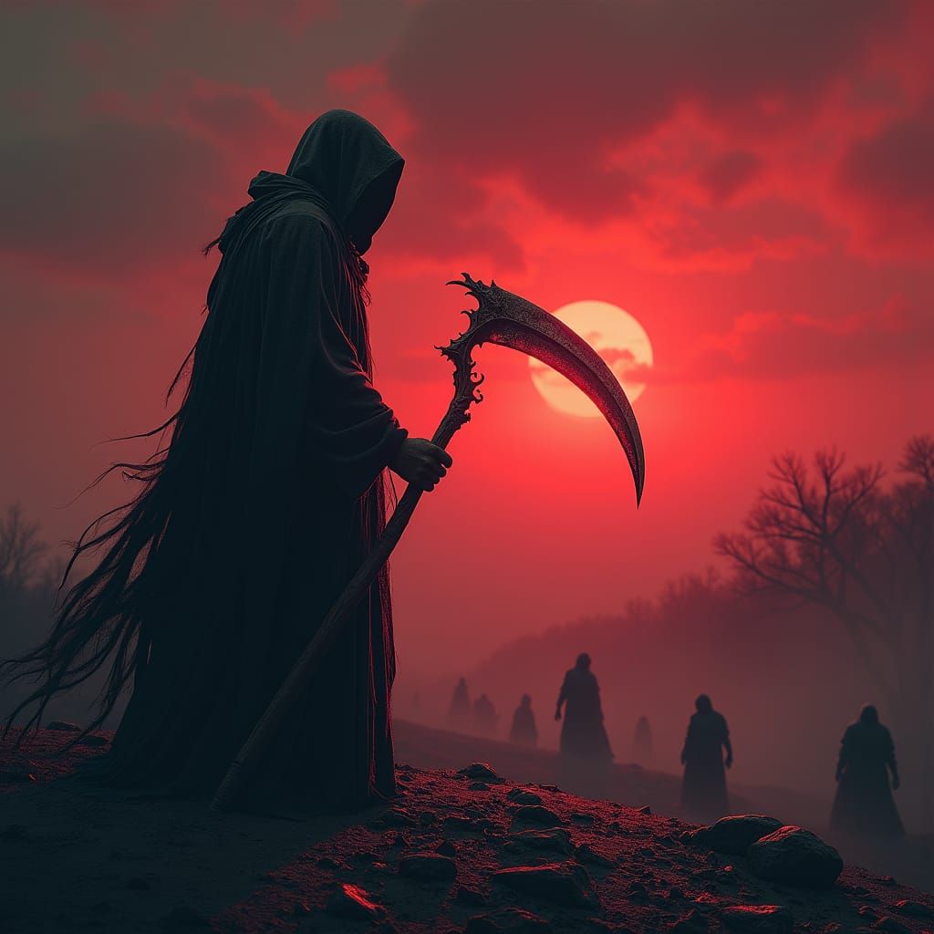 the grim reaper, on the dark, sunnshine end, red sky. demons back
  by @Julien Mainguy