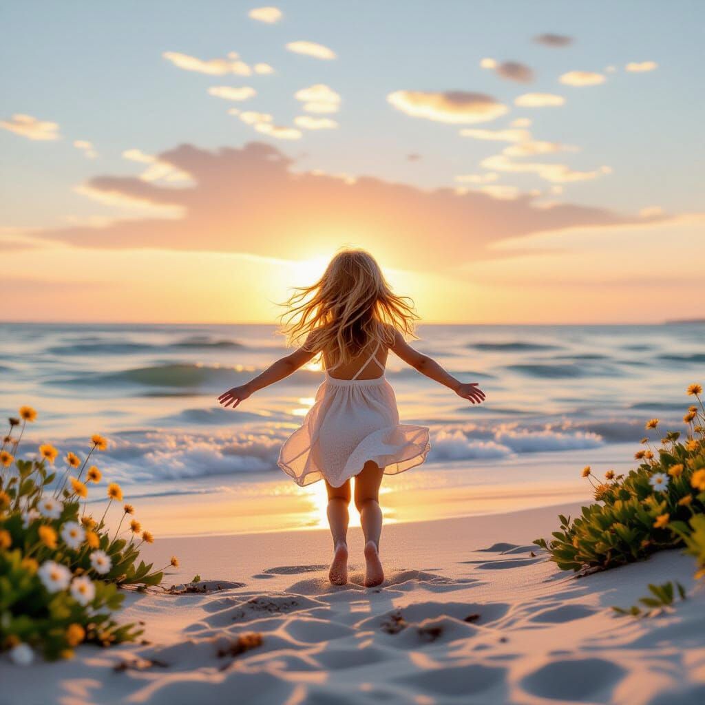 Magical Beach Sunrise with Joyful Girl in Golden Light