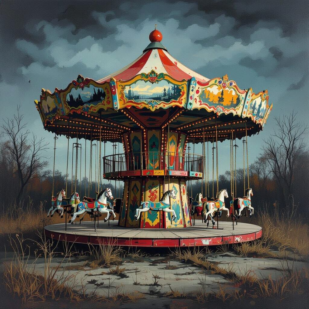 Haunted broken down and damaged carousel at an abandoned fairground. Halloween night. American primitive folk art style. Three point perspec...