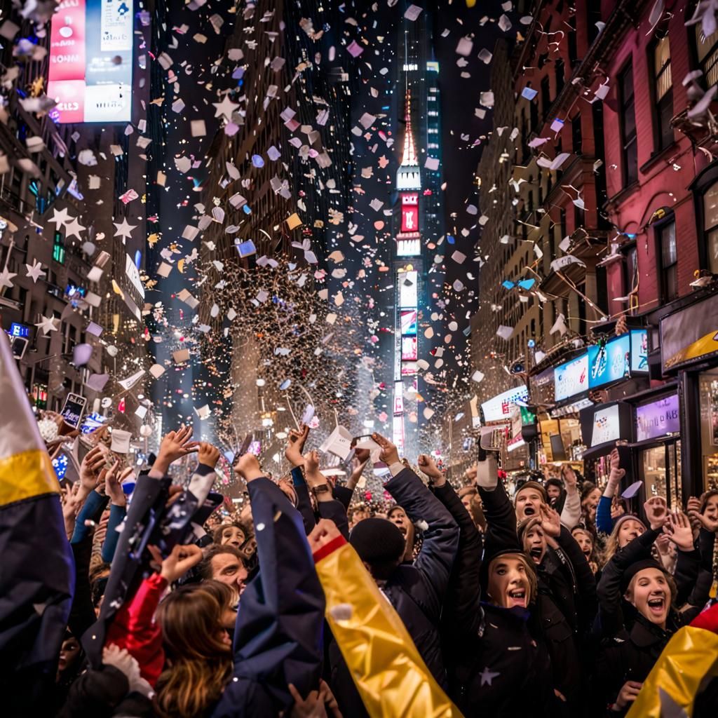 It's New Years Eve, 1 second from Midnight, the confetti of all shapes (stars, circles, squares, diamonds) ...  by @Pam