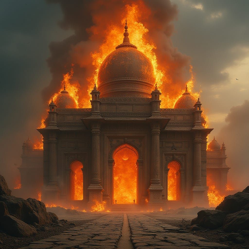 Apocalyptic Temple Consumed by Inferno in Vivid Colors