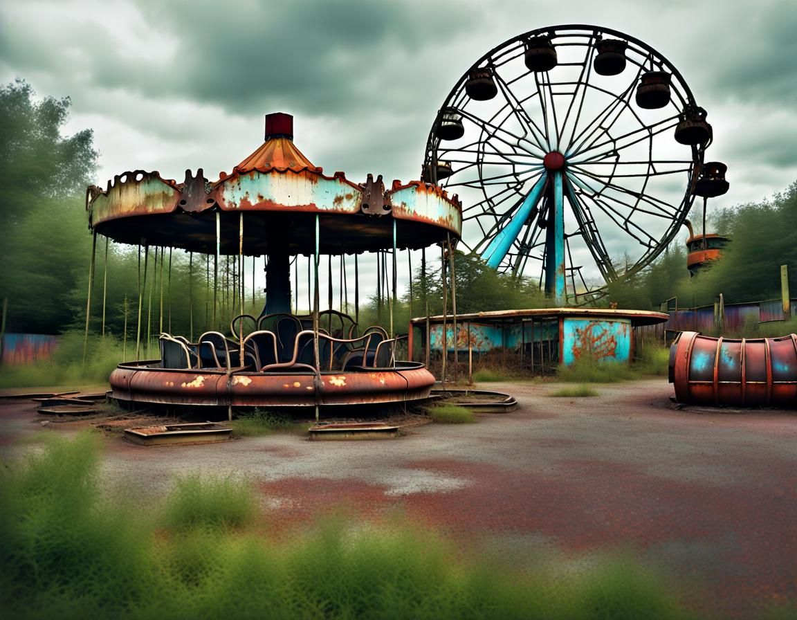 abandoned theme park, old rusted broken rides merry go round...