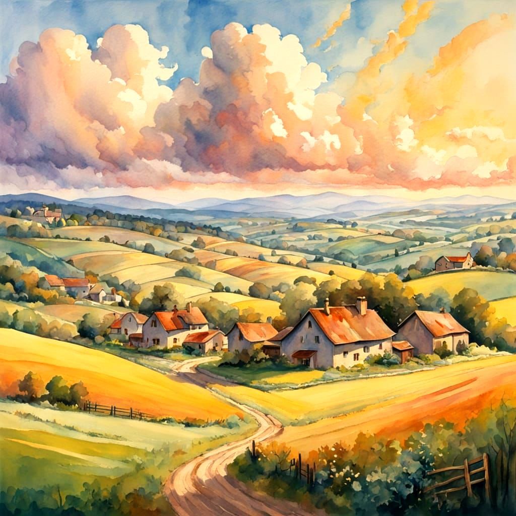 A large panoramic view with fields, green and lush , showing a farm in the distance and hills painted in a cheerful countryside masterpiece ...