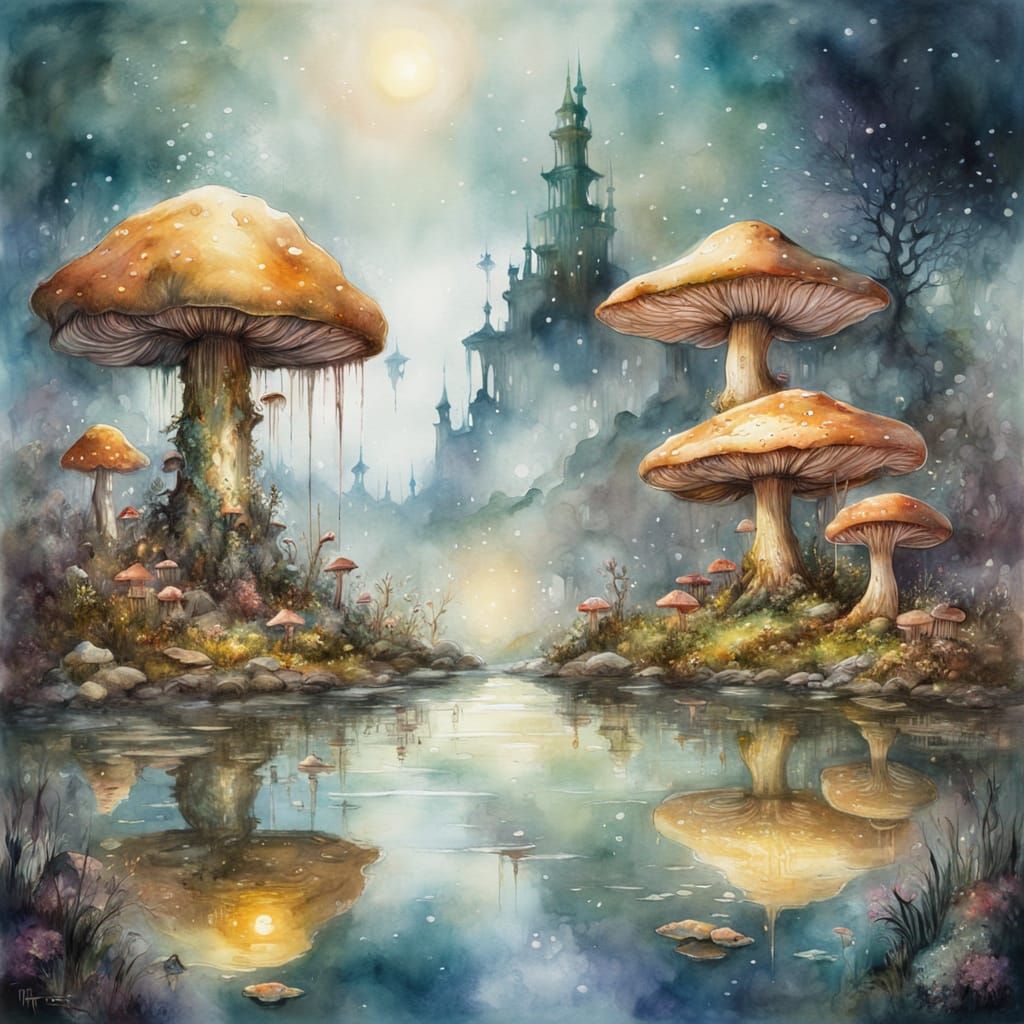 A surreal landscape where giant cosmic mushrooms tower over tiny creatures, their reflections shimmering ...  by @Barabashka