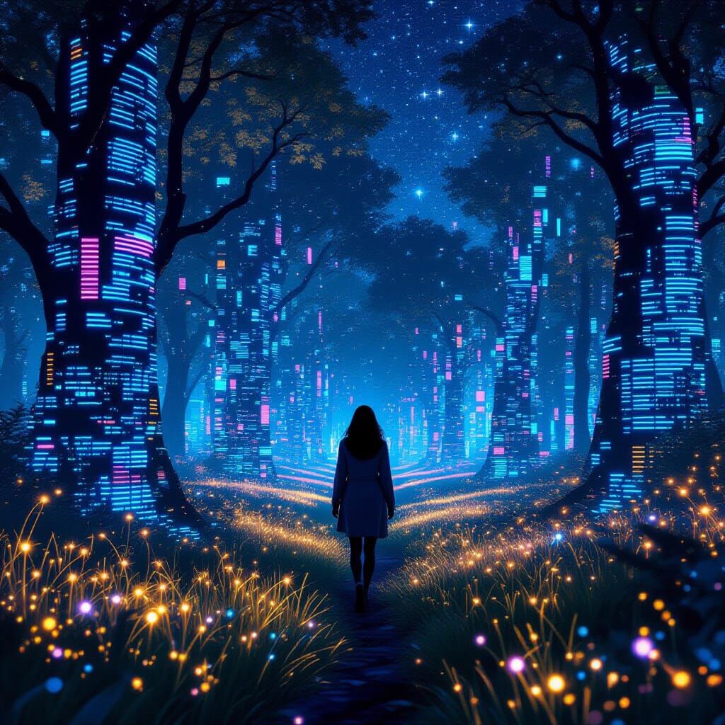 Enchanted Forest of Digital Screens in Futuristic Style