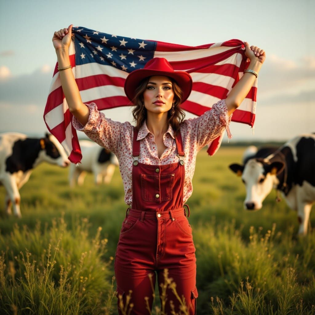 Woman in Red Overalls Holds American Flag in Cow Field