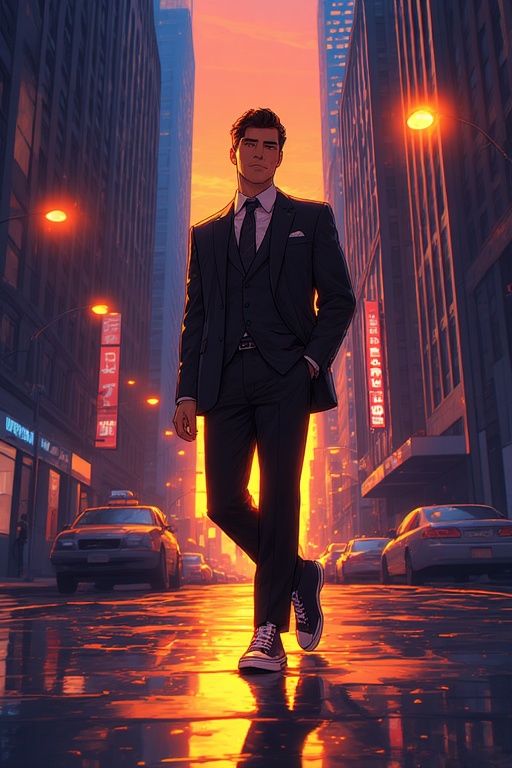AN ILLUSTRATION OF A STYLISH MAN IN A SUIT AND CONVERSE SNEA...