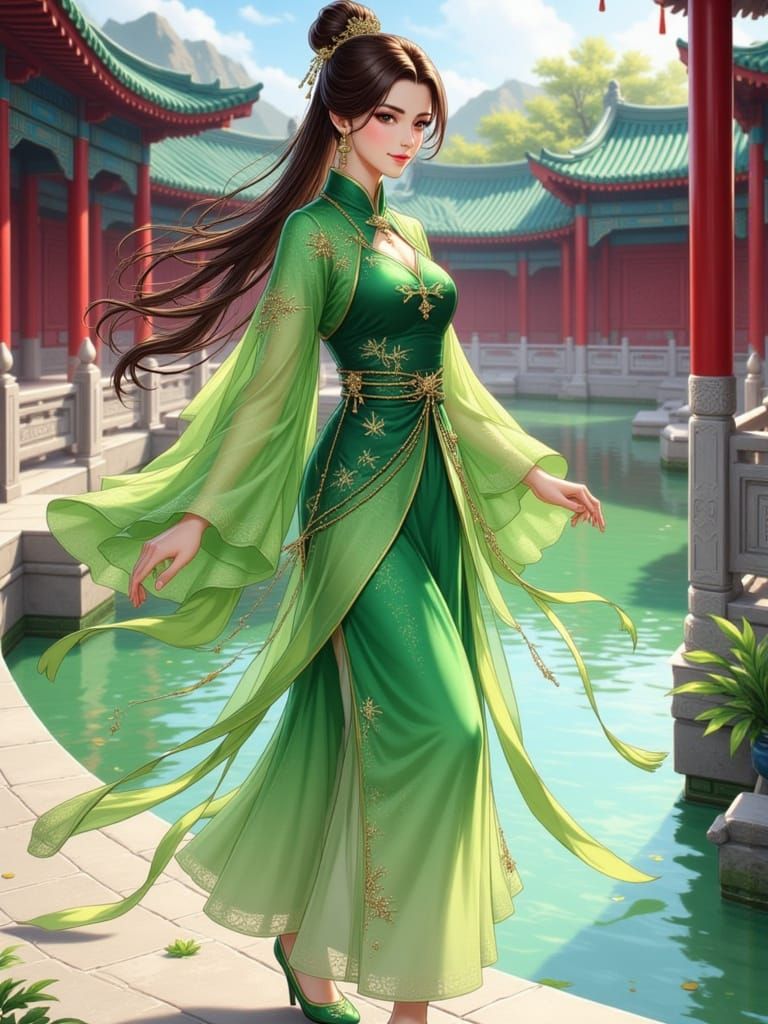 <lora:Chintasy:1.0> COncept art, colored pencils sketch. A young woman, dark chestnut hair, [amber eyes], wearing a green to black gradient ...