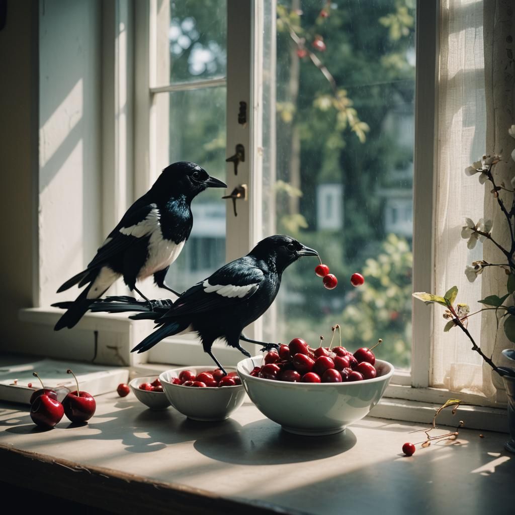 A magpie stealing a cherry from a bowl on the windowsill.  by @Der Gissi