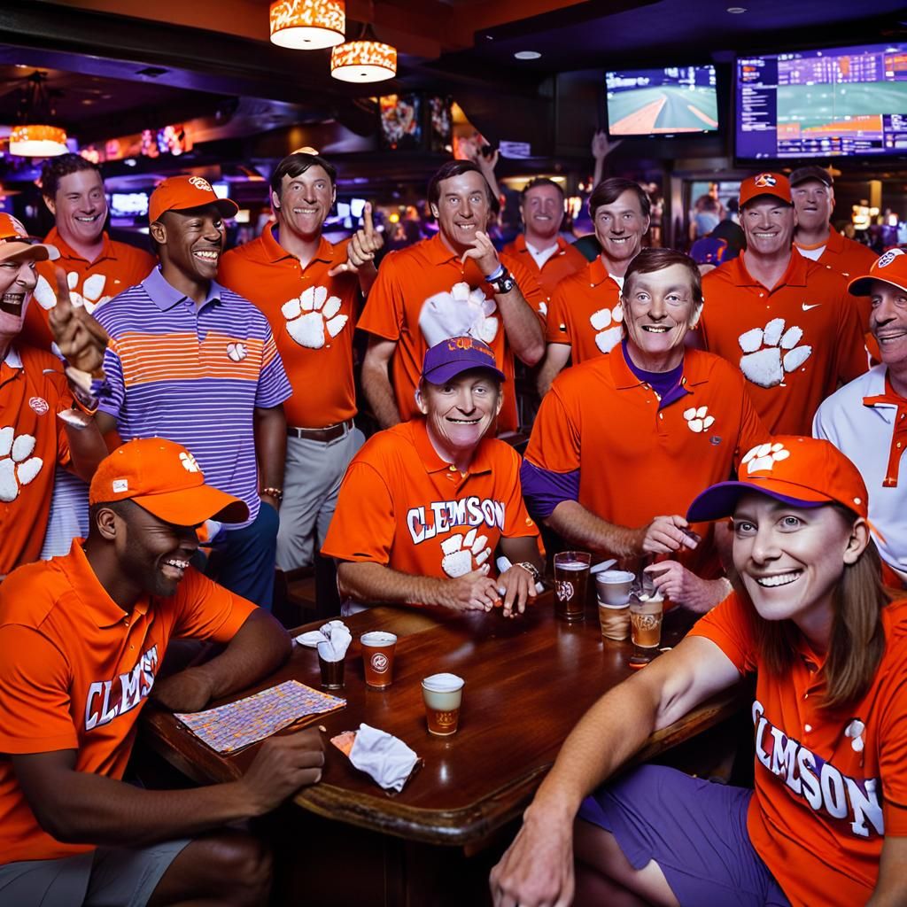 Group of 10 people wearing a variety of styles of Clemson sh...