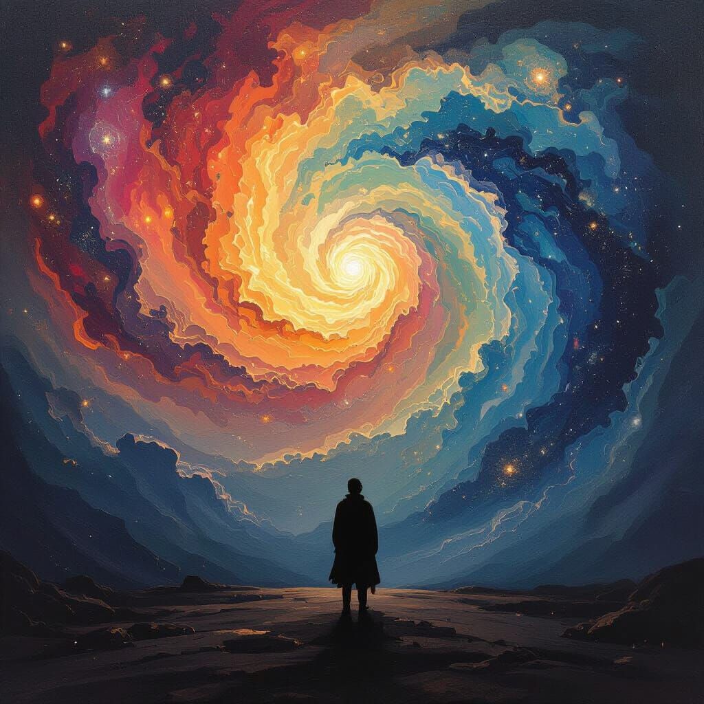 Lone Figure Gazing at Cosmic Nebula in Surreal Style