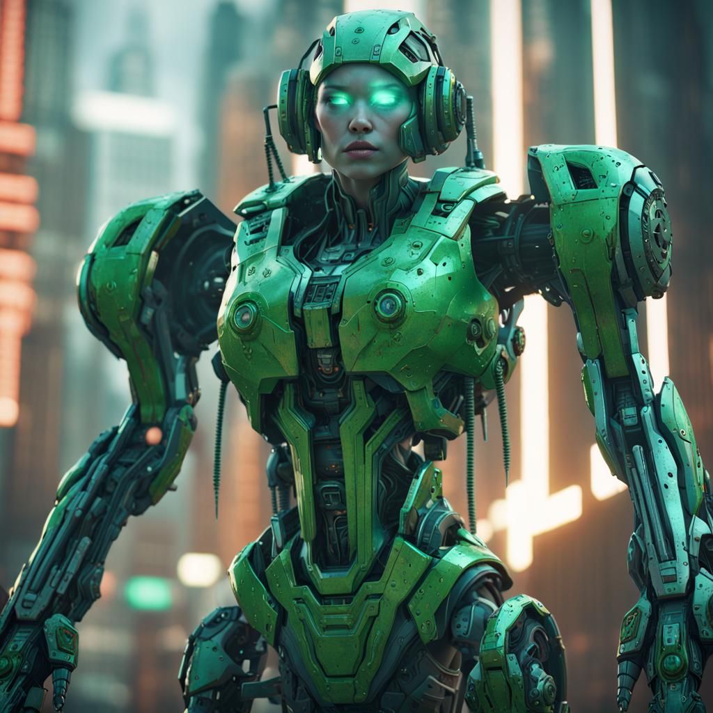 cyborg , girl , green worn paint, damaged ,intricate mech de...