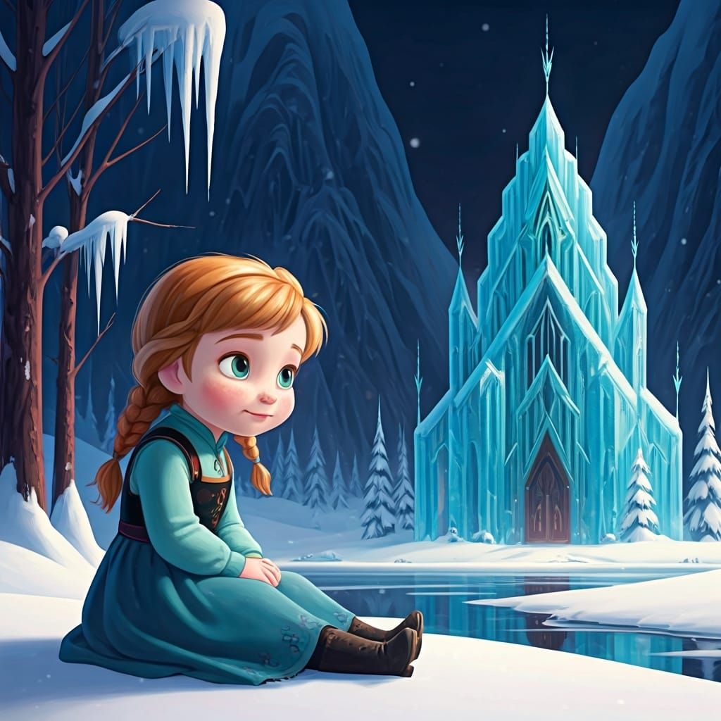 Anna at the Ice Palace in Animated Style