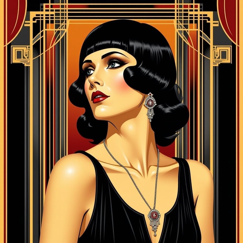  <lora:Art Deco Flux:1.0> art deco black haired flapper, art deco background 