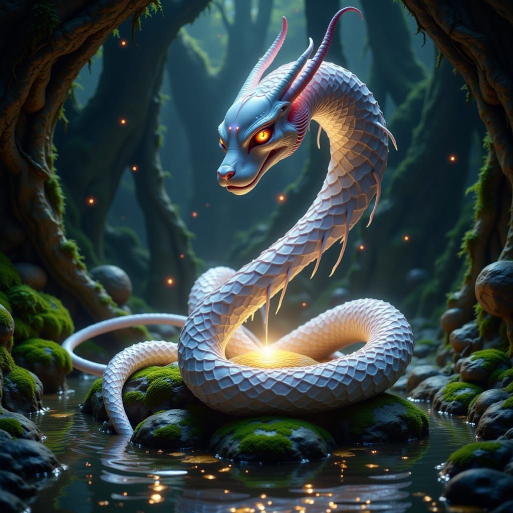 Spectral, glowing snake-like entity, Enduring Tenacity, with an otherworldly head, faintly glowing eyes, and delicate patterns across its se...