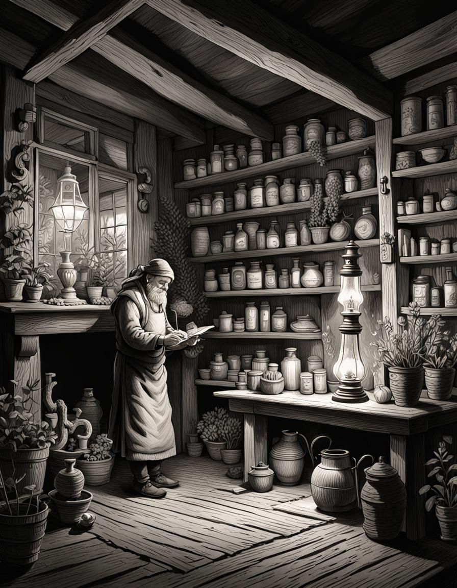 Herbalist drawing plants in his shop