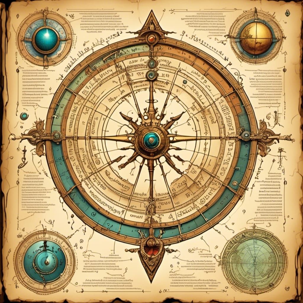 <lora:Witch Manual:1.0> Colored Ancient technology parchment page, (Spherical Astrolabe 1.5), Eldritch, hyper-detailed, Smudges on the pages...