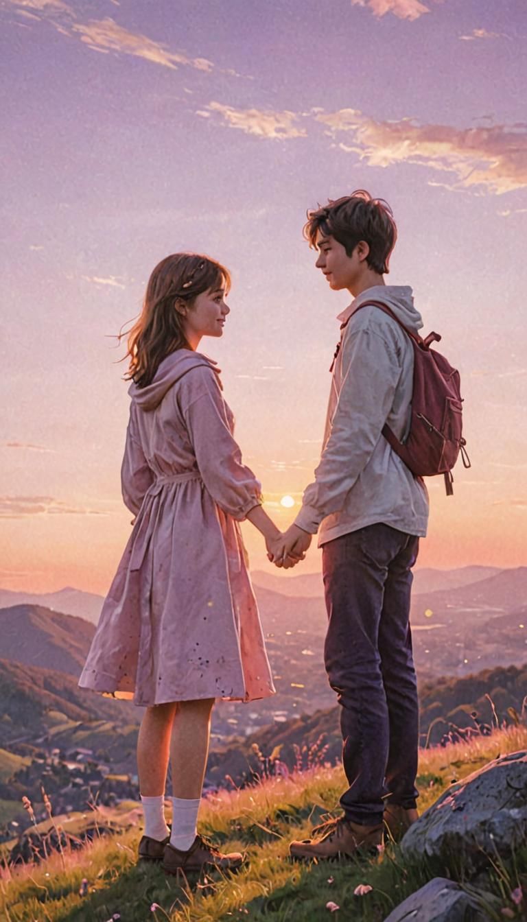 An anime couple stands hand-in-hand on a hilltop, overlooking a stunning sunset. The sky is filled with vibrant colors—pinks, purples, and o...