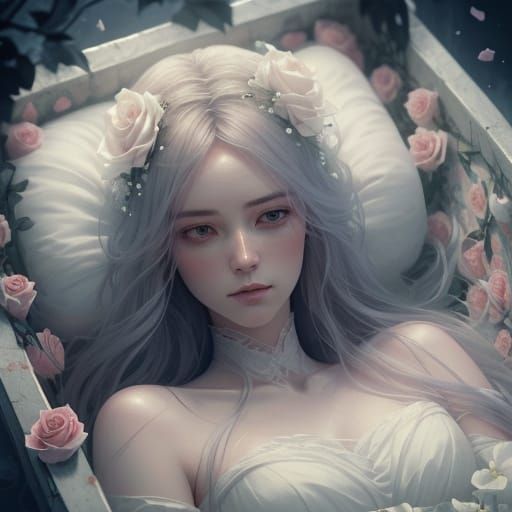 Beautiful Girl in White Coffin Surrounded by Roses