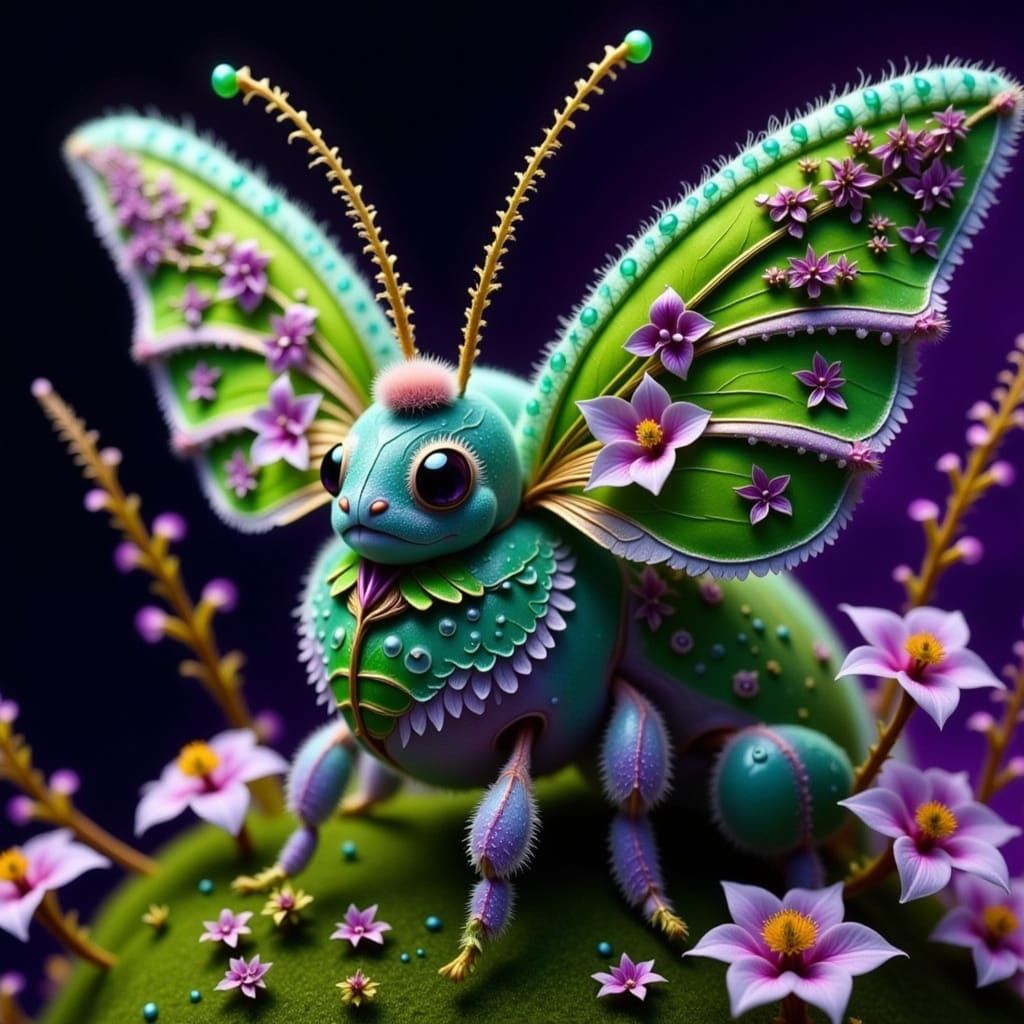 Whimsical Green Moth Surrounded by Mauve Blossoms