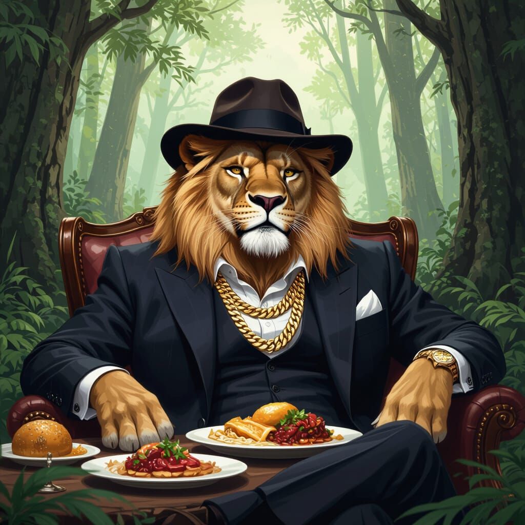 Gangster Lion in Forest, in Cyberpunk Style